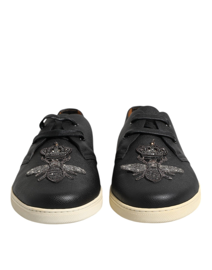 Black Leather Bee Crown Low Top Sneakers Shoes