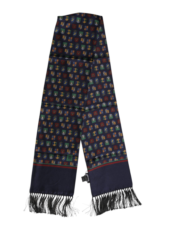 Blue Silk Printed Fringes Foulard Scarf