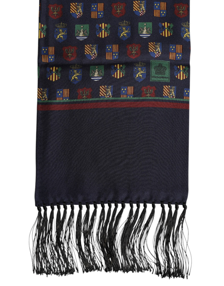 Blue Silk Printed Fringes Foulard Scarf