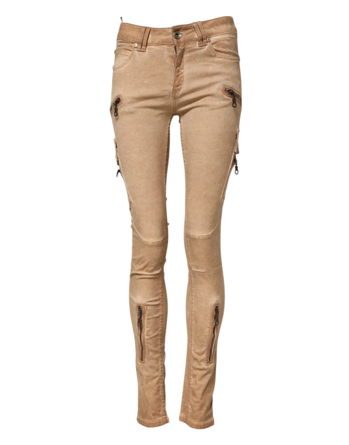 Brown Cotton Mid Waist Skinny Denim Jeans