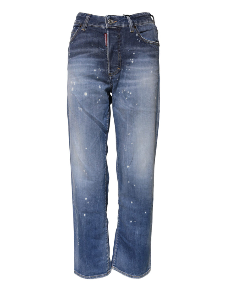 Blue Washed Cotton Mid Waist Straight Jeans