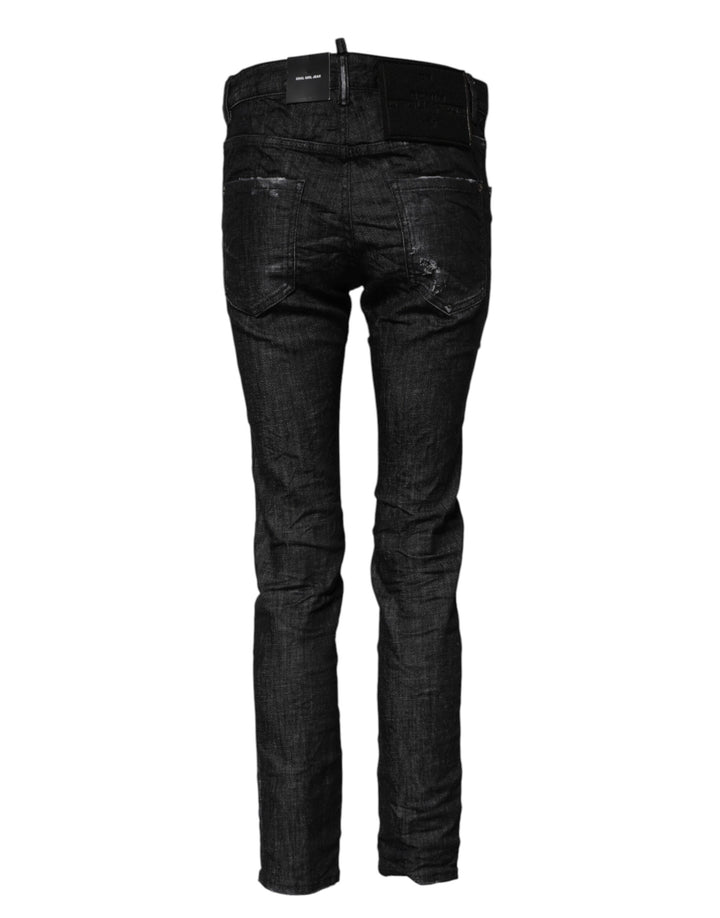 Black Washed Cotton Mid Waist Skinny Jeans