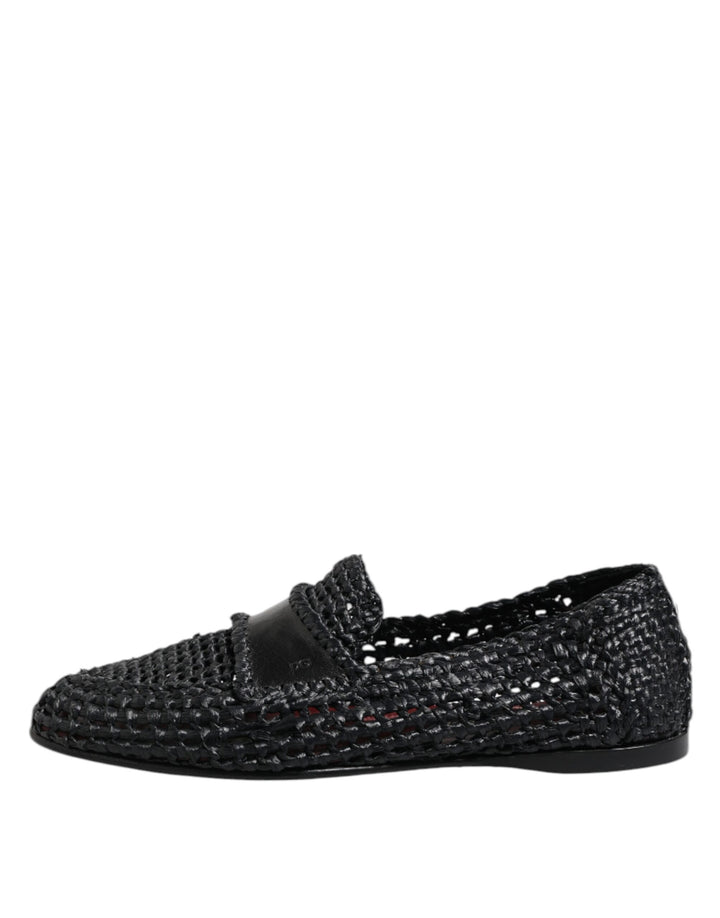 Black Woven Leather Slip On Loafers Men Shoes