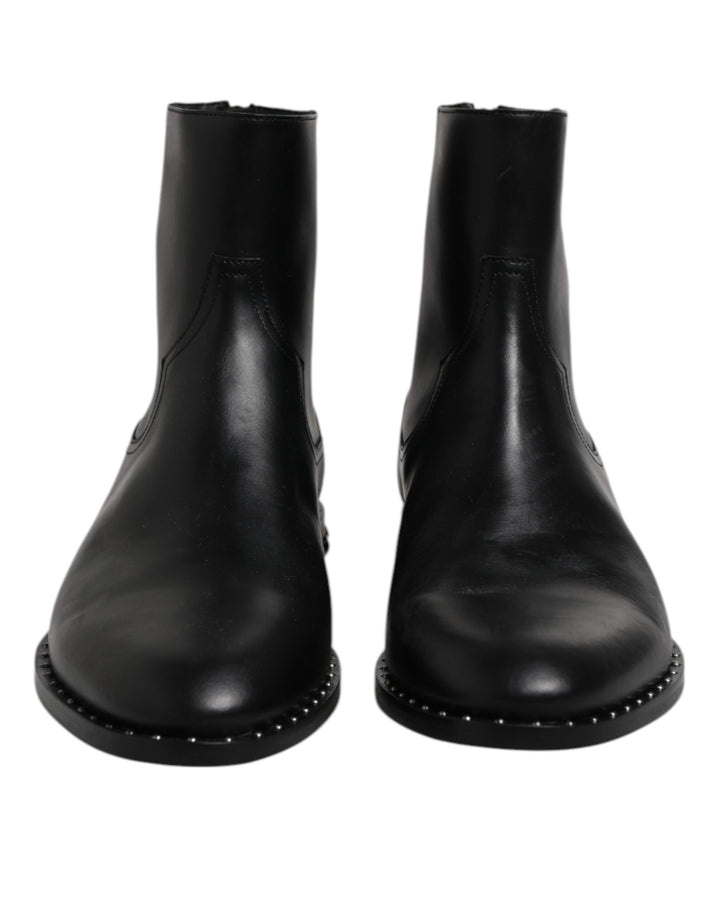 Black Leather Logo Ankle Boots Studded Shoes
