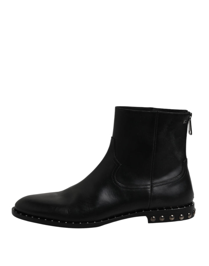 Black Leather Logo Ankle Boots Studded Shoes