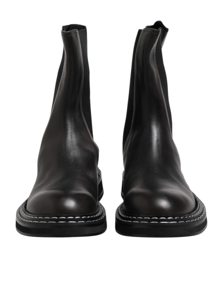 Black Leather Mid Calf Boots Flats Shoes