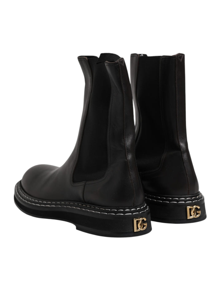 Black Leather Mid Calf Boots Flats Shoes