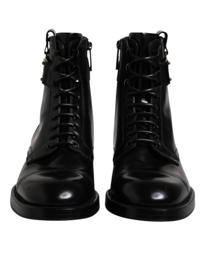 Black Leather Mid Calf Boots Lace Up Shoes