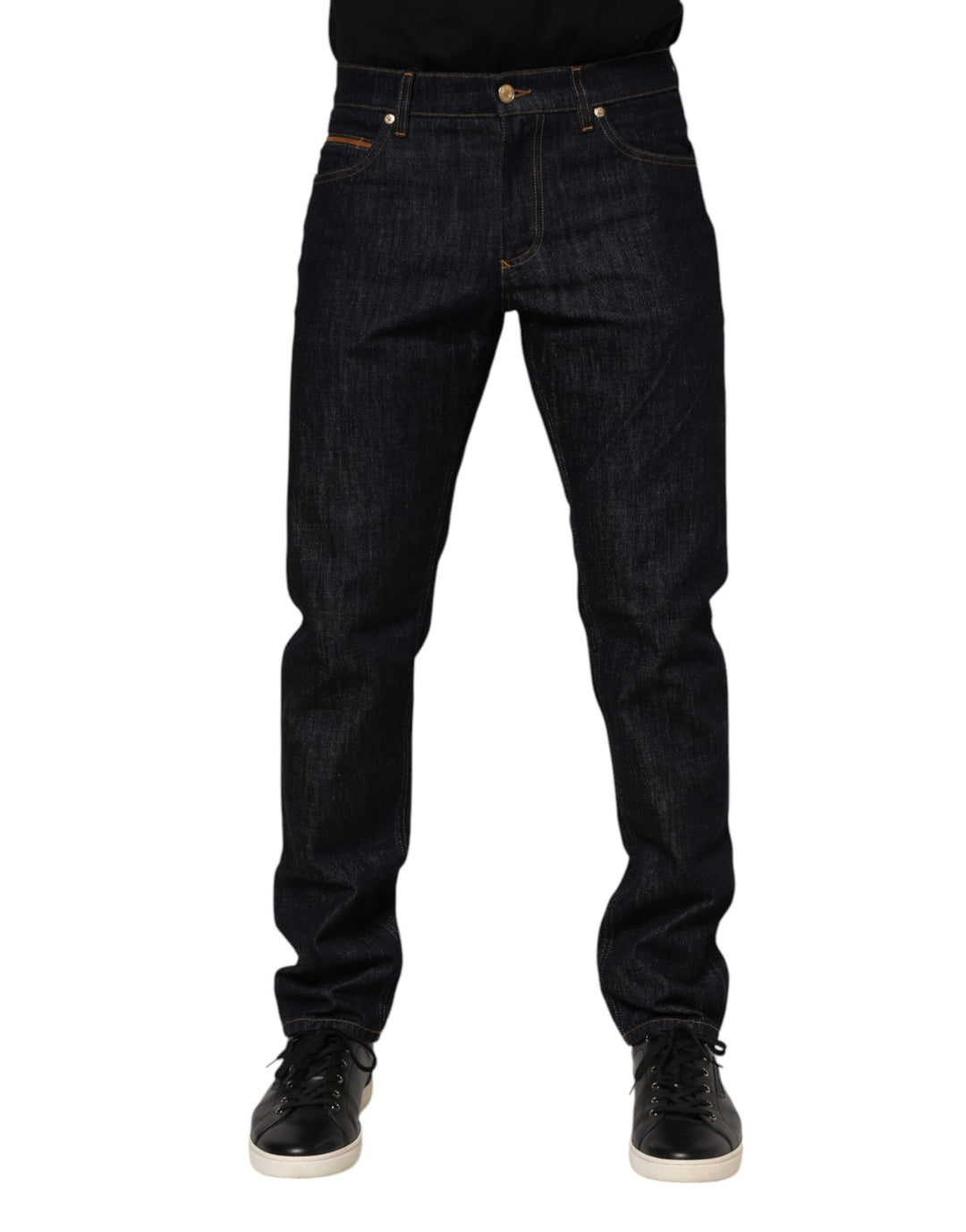 Dark Blue Cotton Logo Plaque Men Denim Jeans