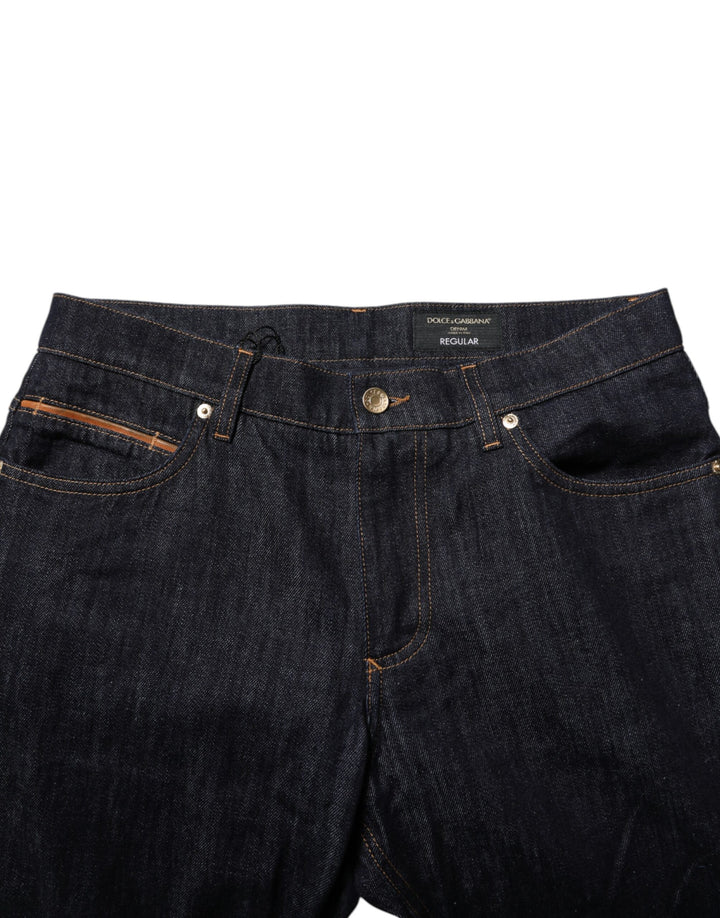 Dark Blue Cotton Logo Plaque Men Denim Jeans