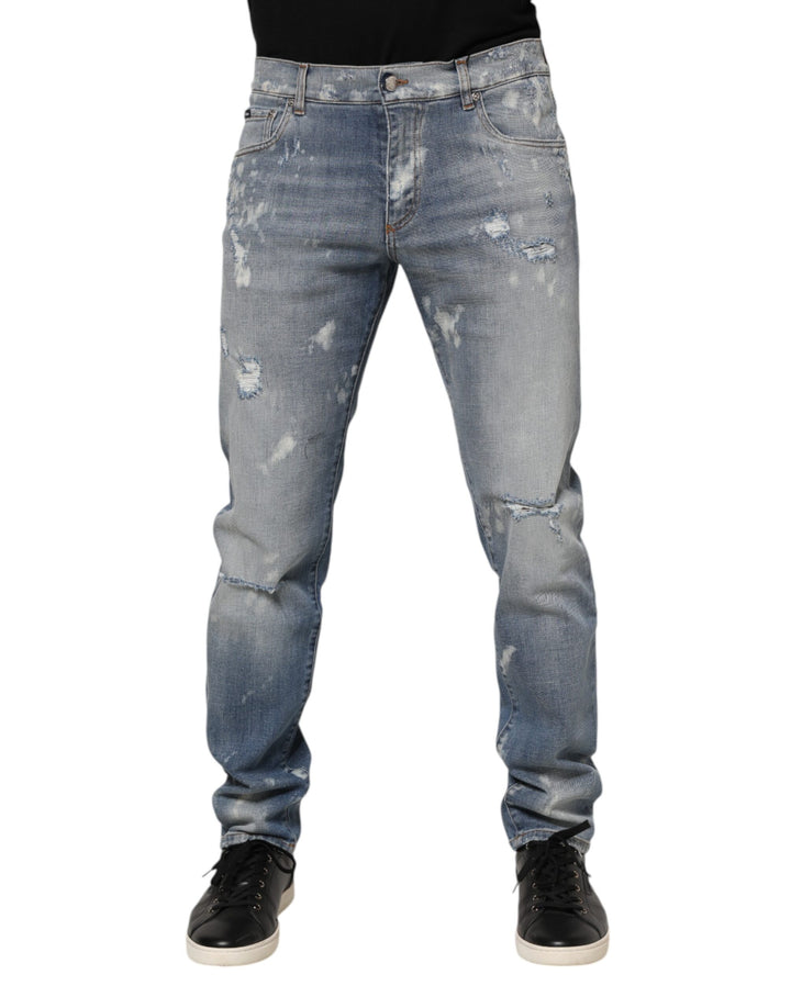 Blue Cotton Tattered Slim Fit Men Denim Jeans
