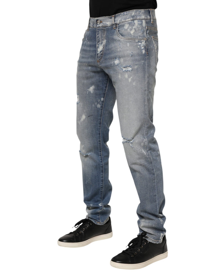 Blue Cotton Tattered Slim Fit Men Denim Jeans