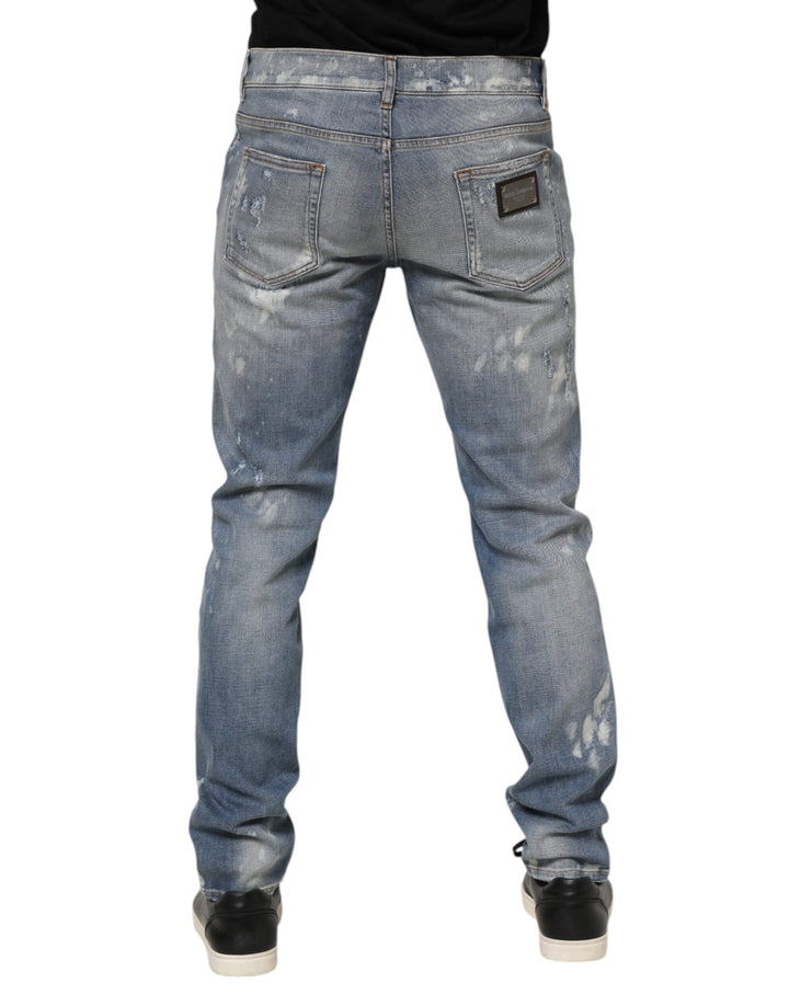 Blue Cotton Tattered Slim Fit Men Denim Jeans