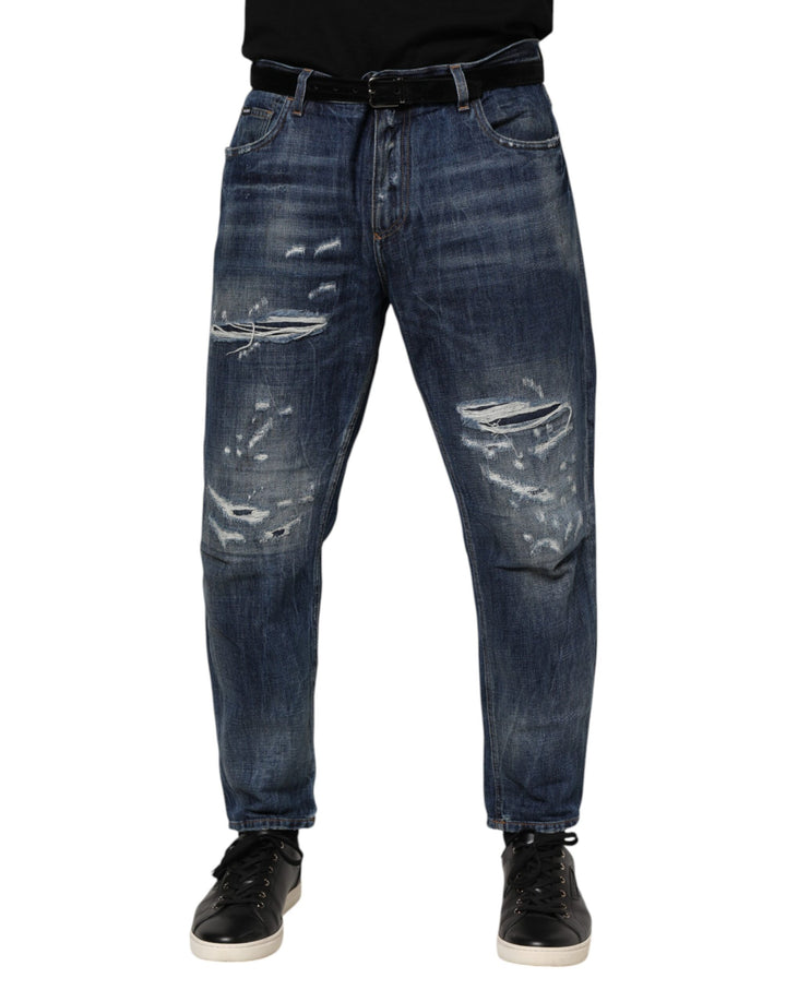 Blue Cotton Tattered Tapered Men Denim Jeans