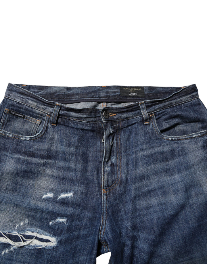 Blue Cotton Tattered Tapered Men Denim Jeans