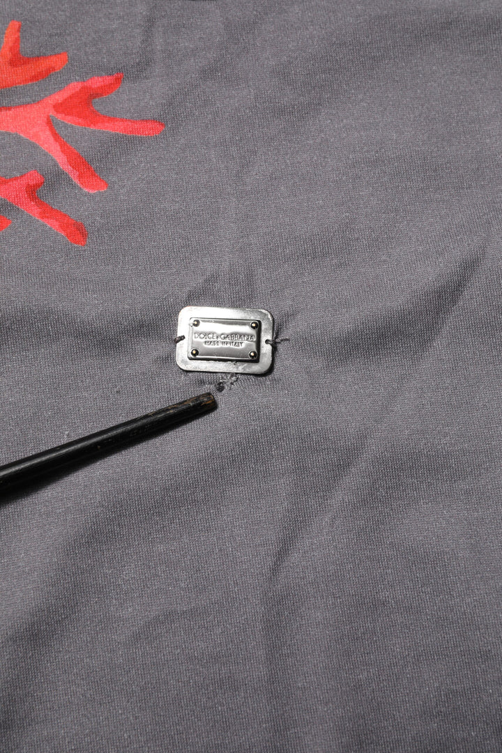 Gray Cotton Coral Print Logo Plaque T-shirt