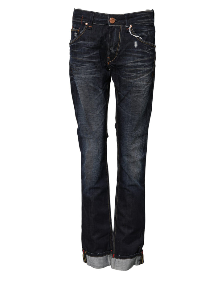 Blue Washed Cotton Mid Waist Flared Denim Jeans