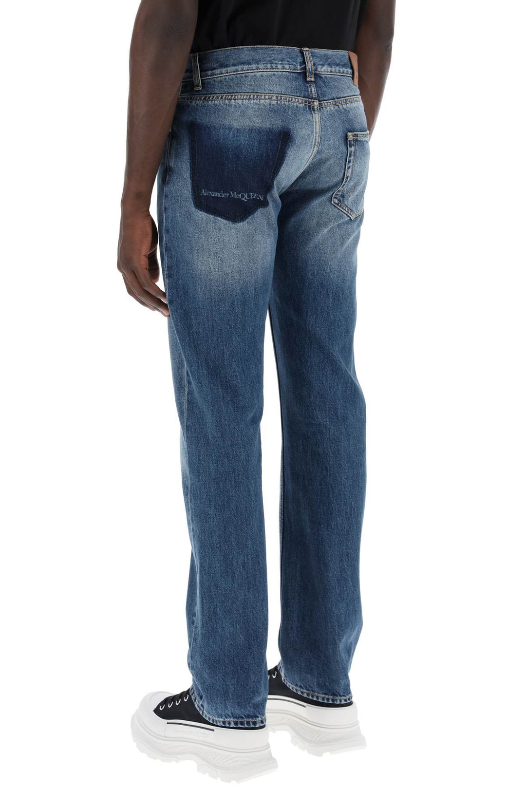 straight leg jeans with faux pocket on the back.-2