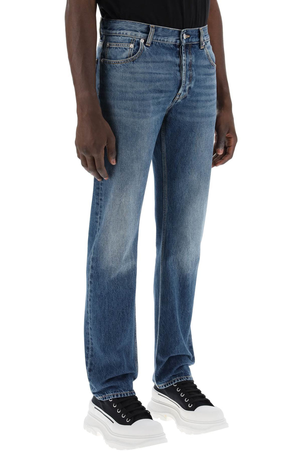 straight leg jeans with faux pocket on the back.-1
