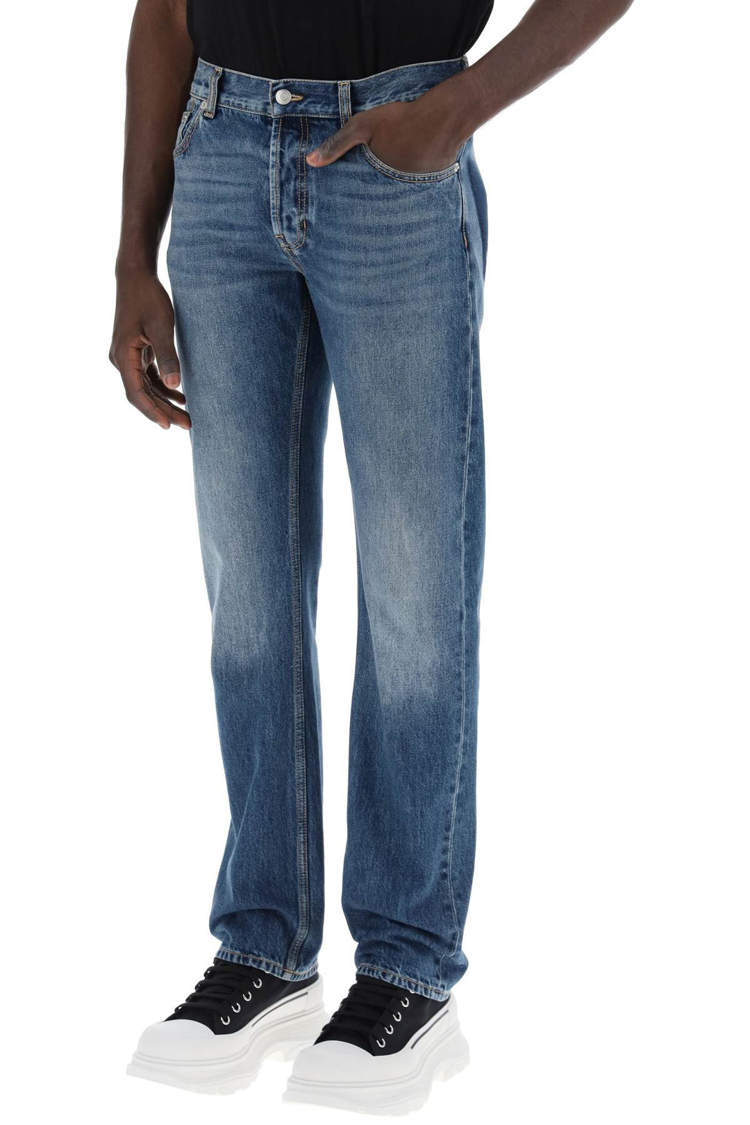 straight leg jeans with faux pocket on the back.-3