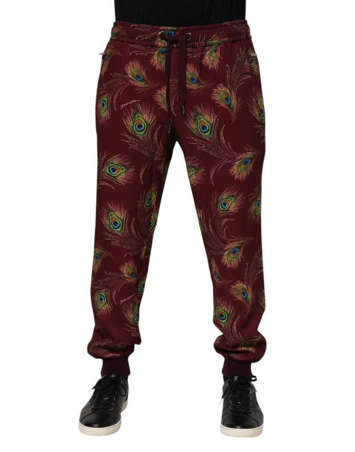 Burgundy Peacock Feather Print Jogger Pants