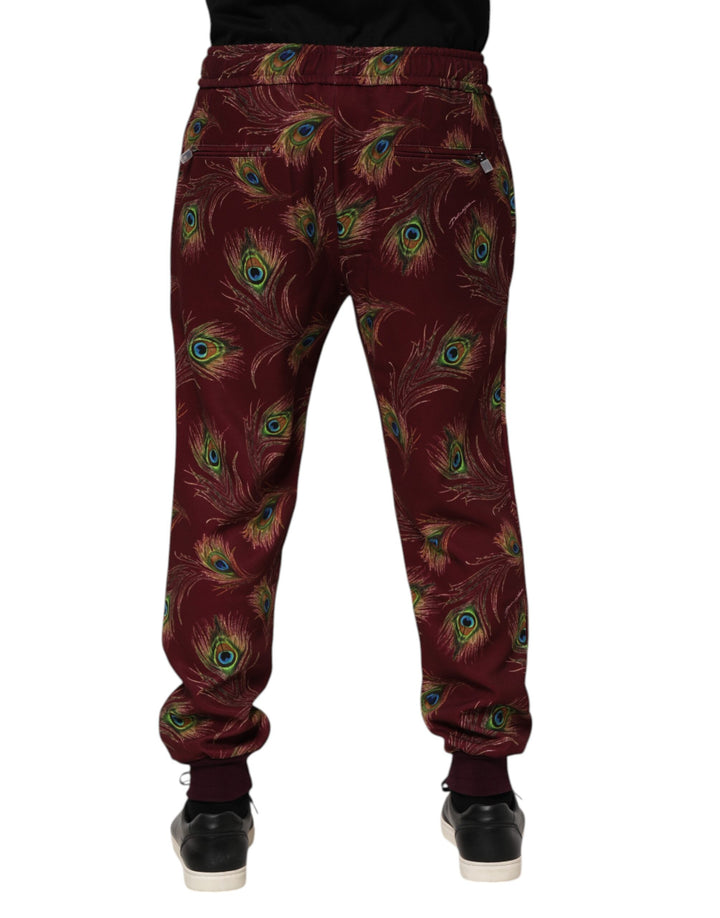 Burgundy Peacock Feather Print Jogger Pants