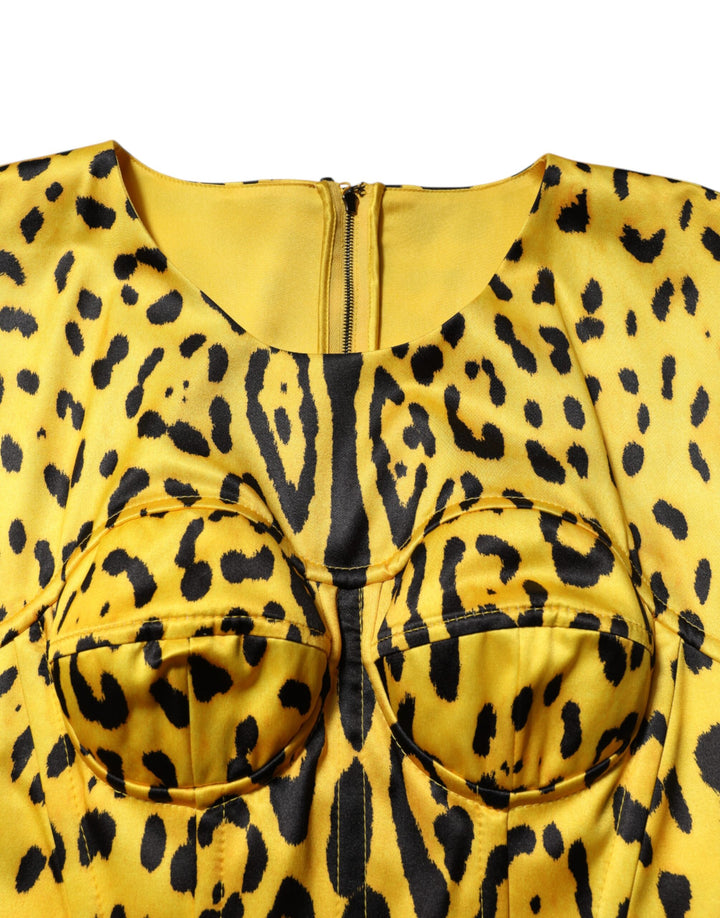 Yellow Polyester Leopard Midi Sheath Dress