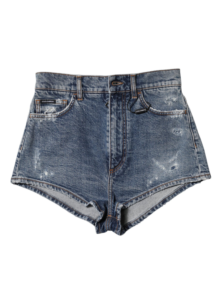 Blue Tattered Denim Cotton Hot Pants Shorts