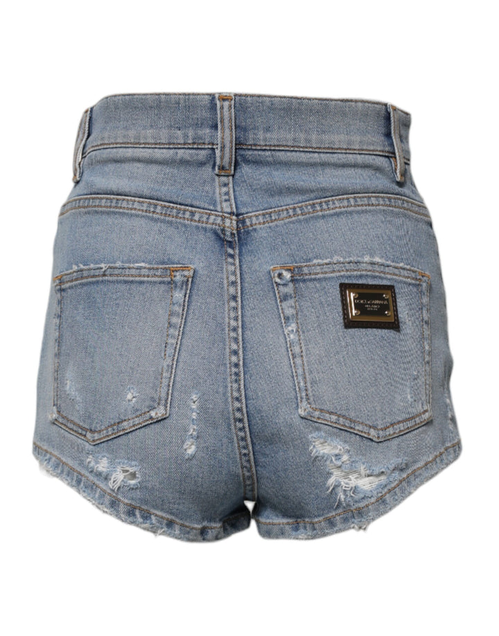 Blue Tattered Denim Cotton Hot Pants Shorts