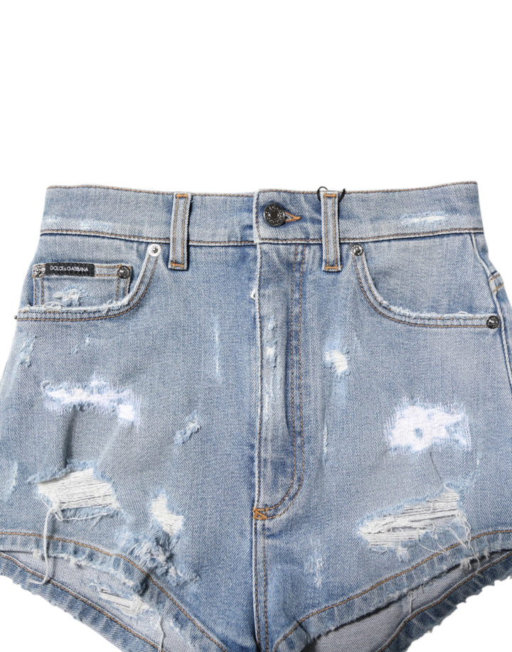 Blue Tattered Denim Cotton Hot Pants Shorts