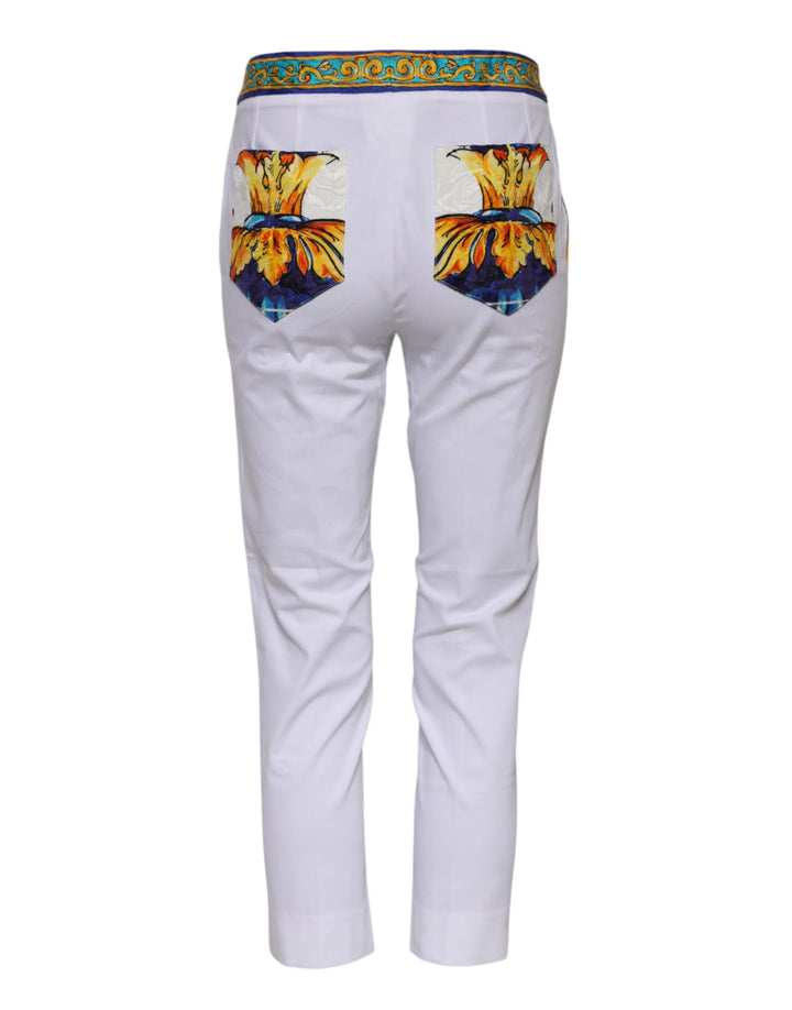 White Cotton Mid Waist Tapered Trouser Pants