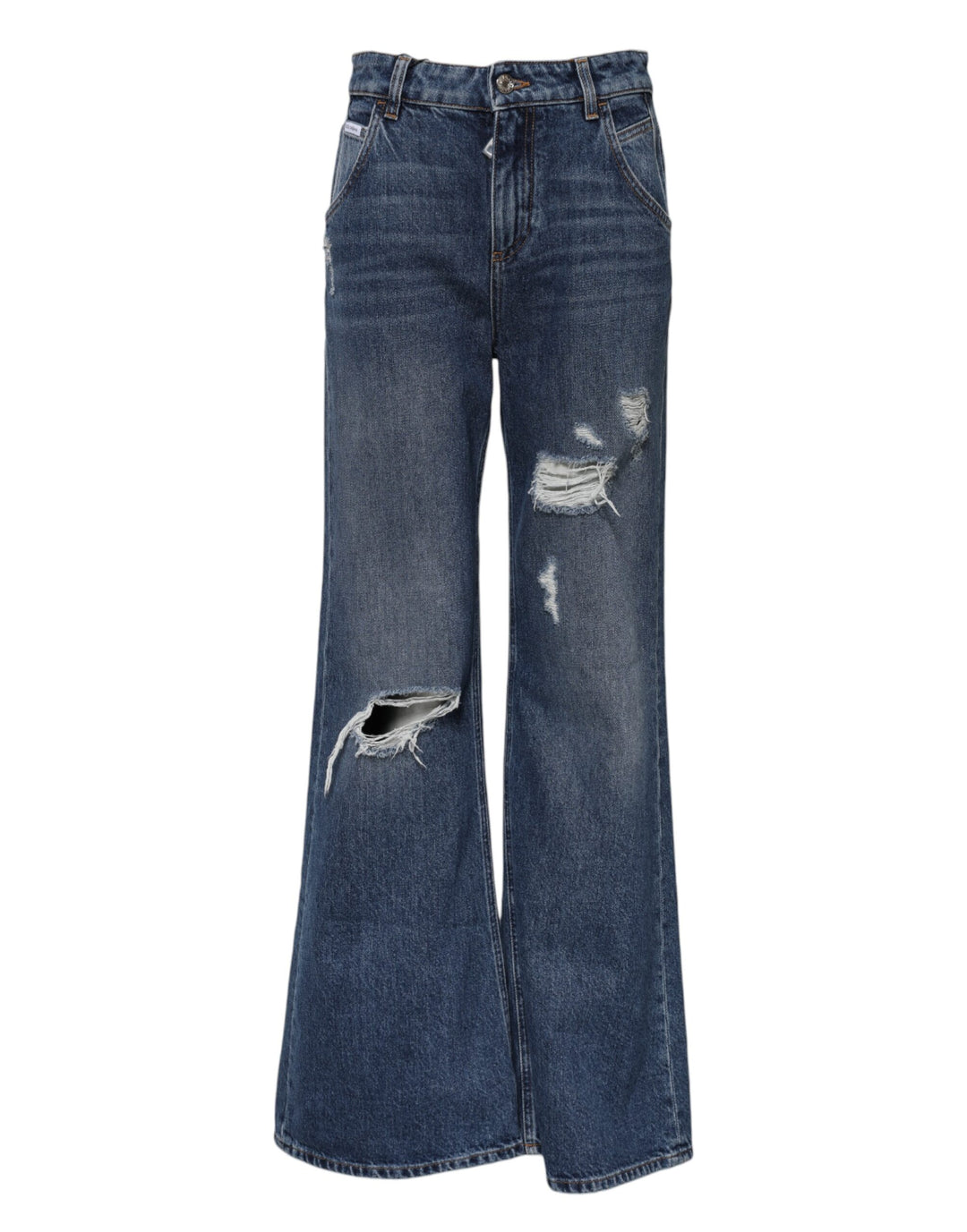 Blue Cotton Wide Leg Tattered Denim Jeans
