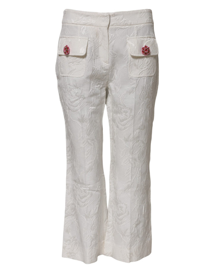 White Cotton Floral Jacquard Pants