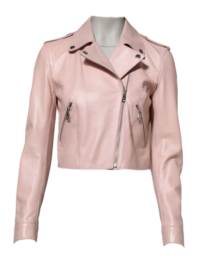 Light Pink Collar Leather Women Biker Jacket