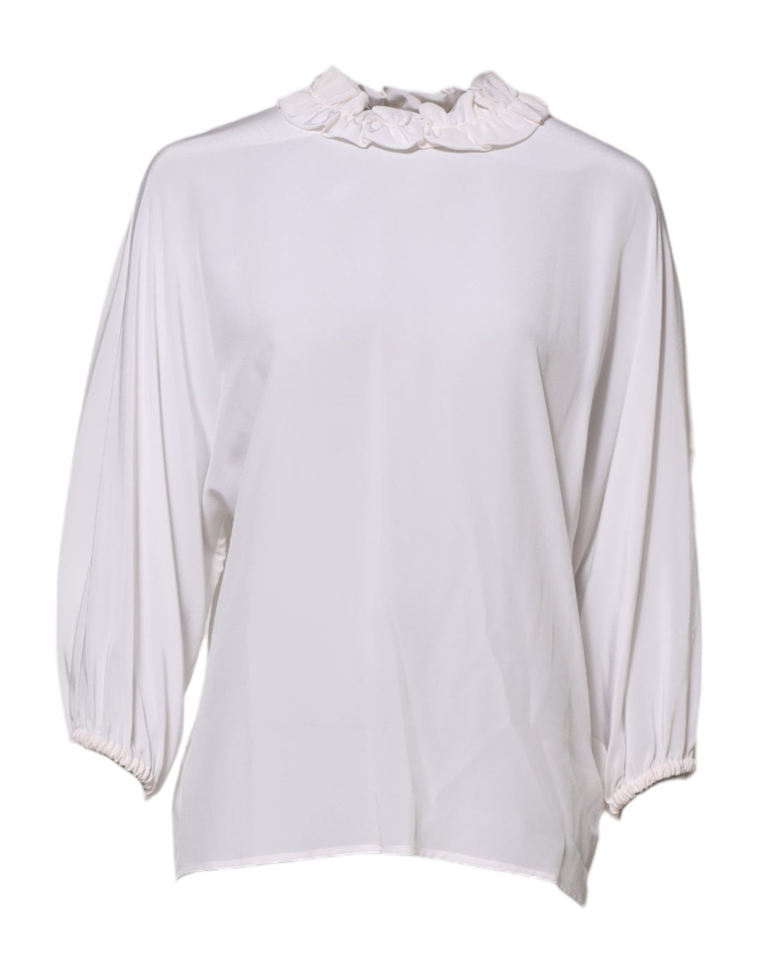 White Ruffled Neckline Blouse Pullover Top