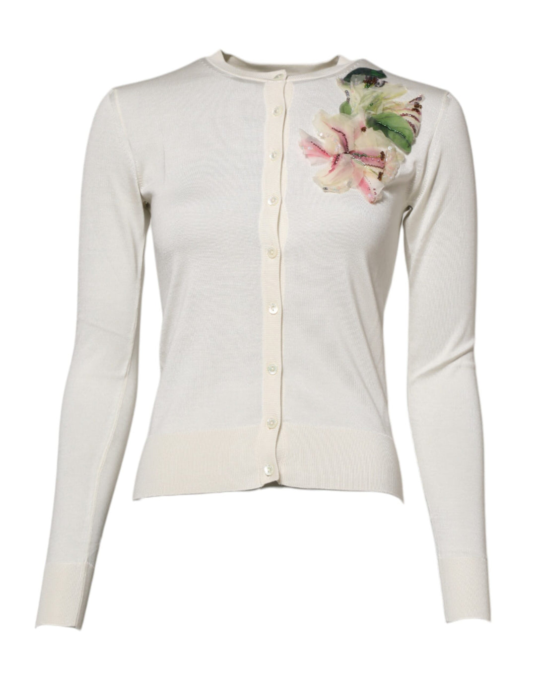 White Silk Lily Buttoned Cardigan Sweater