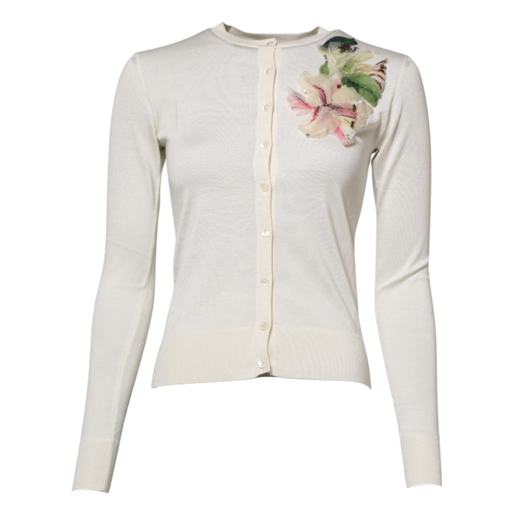 White Silk Lily Embellished Cardigan Sweater