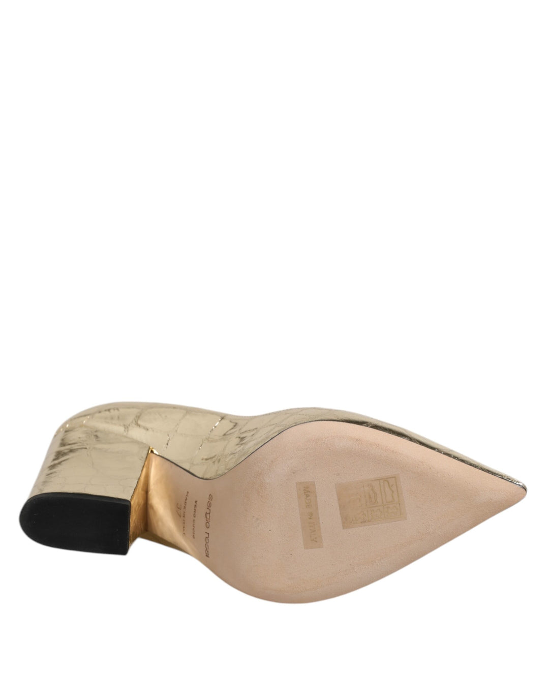 Gold Leather Pointed Toe Block Heels Shoes