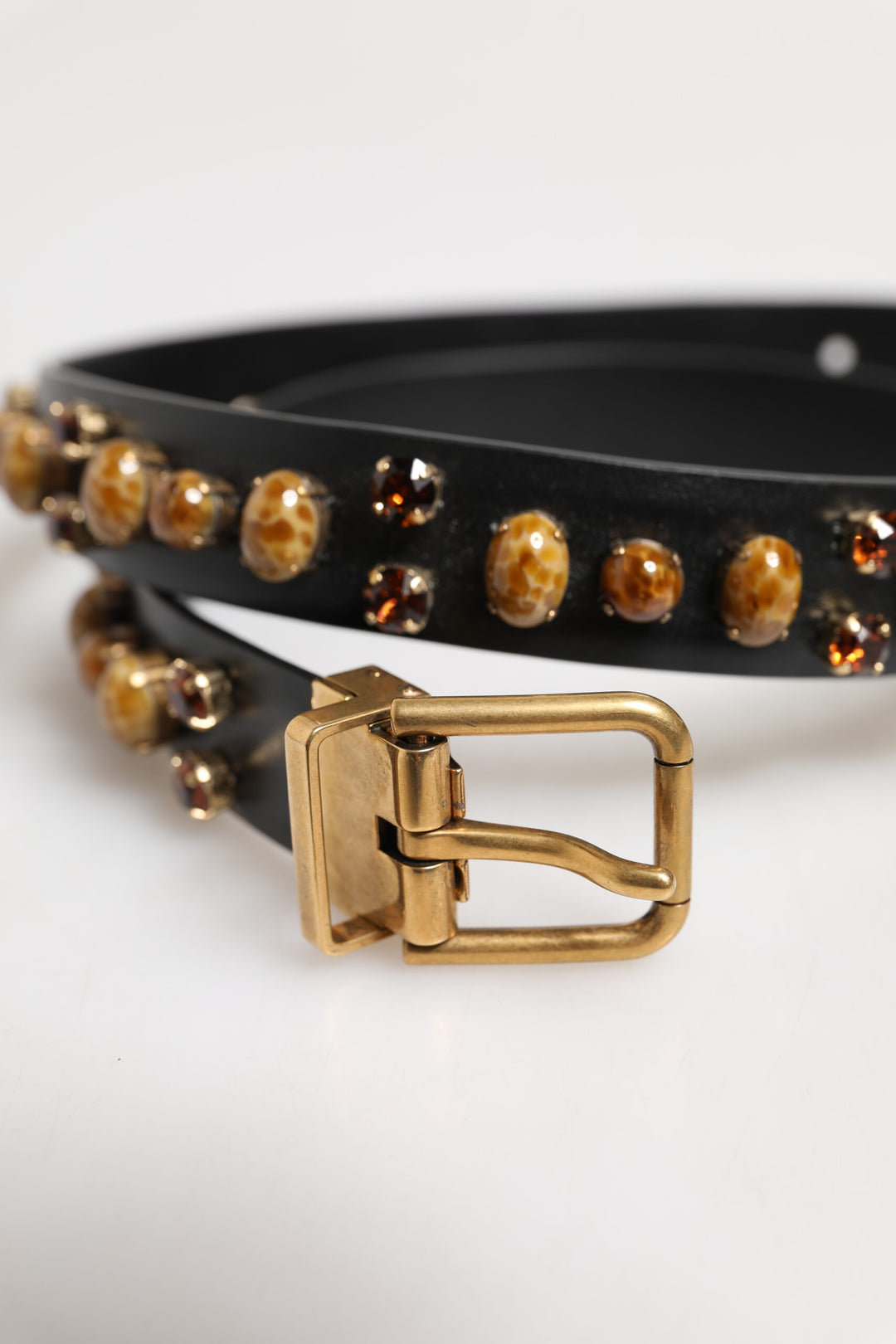 Black Leather Studded Gold Tone Buckle Belt