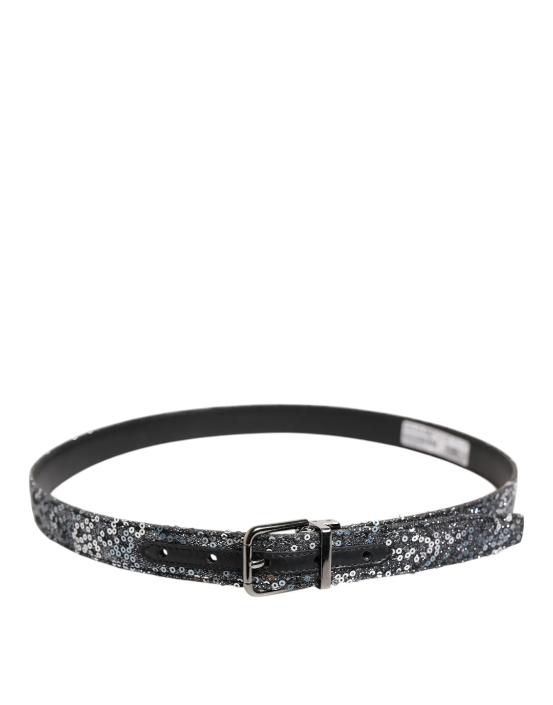 Black Sequins Silver Metal Logo Buckle Belt