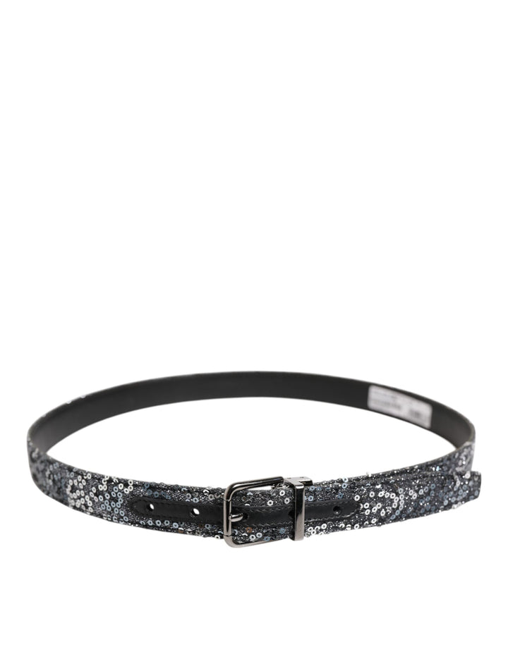 Black Sequins Silver Metal Logo Buckle Belt