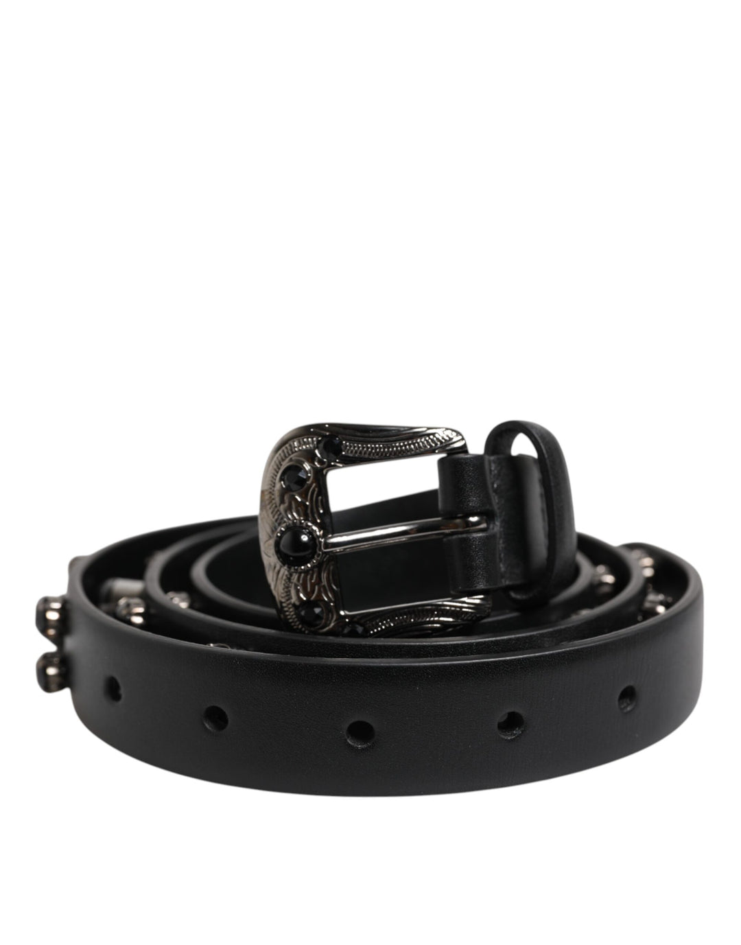 Black Studded Leather Metal Logo Buckle Belt
