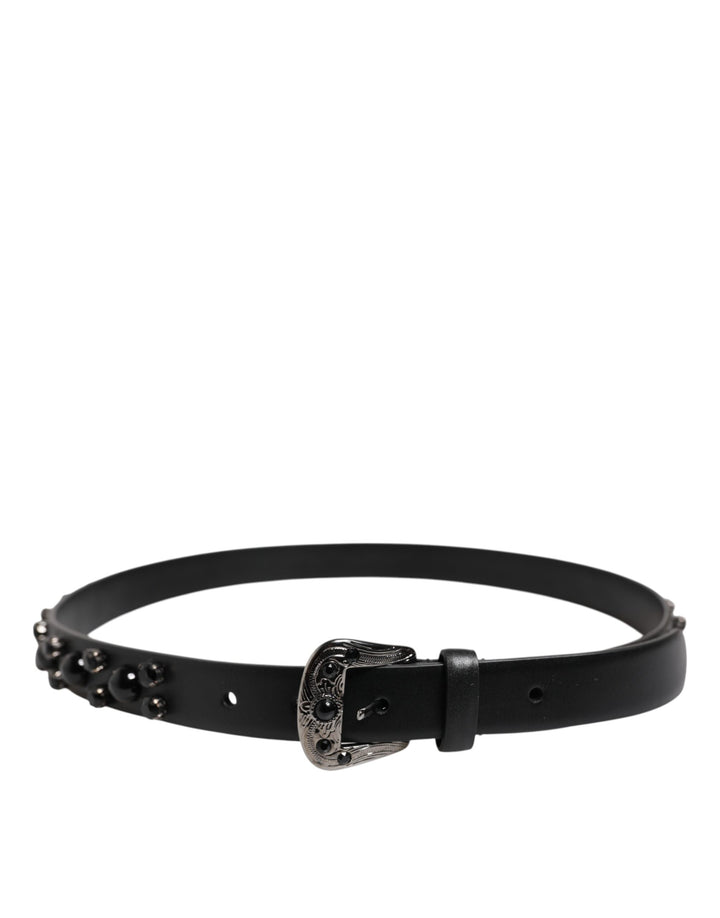 Black Studded Leather Metal Logo Buckle Belt