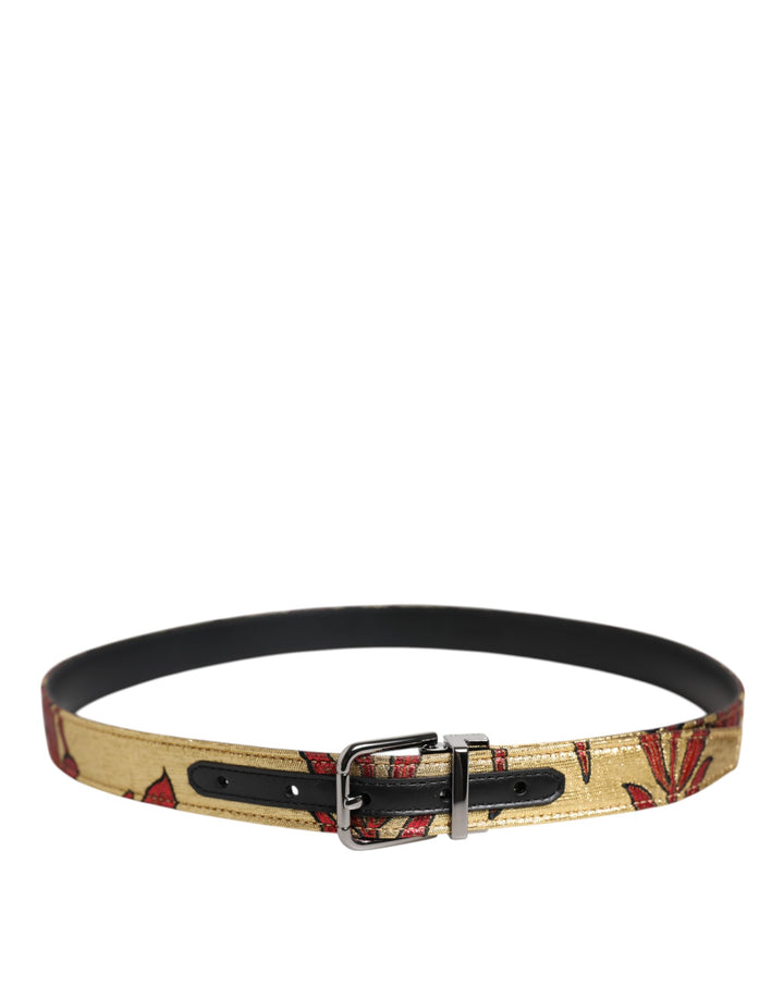 Gold Floral Jacquard Silver Metal Buckle Belt