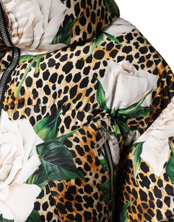 Multicolor Leopard Rose Puffer Quilted Jacket