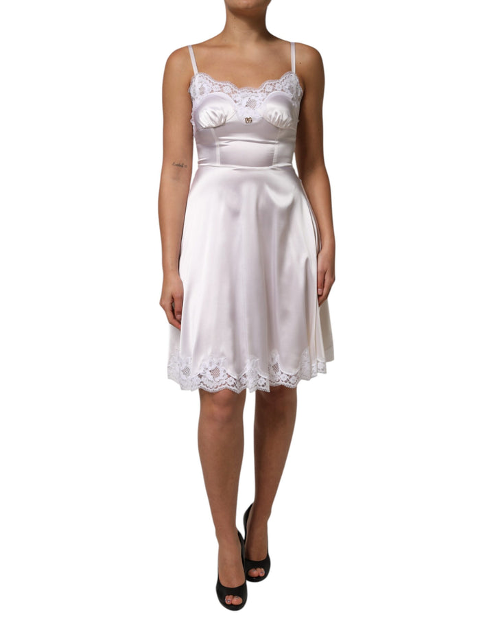 Dolce & Gabbana White Lace Gold DG Logo Silk Dress Sleepwear – SEYMAYKA