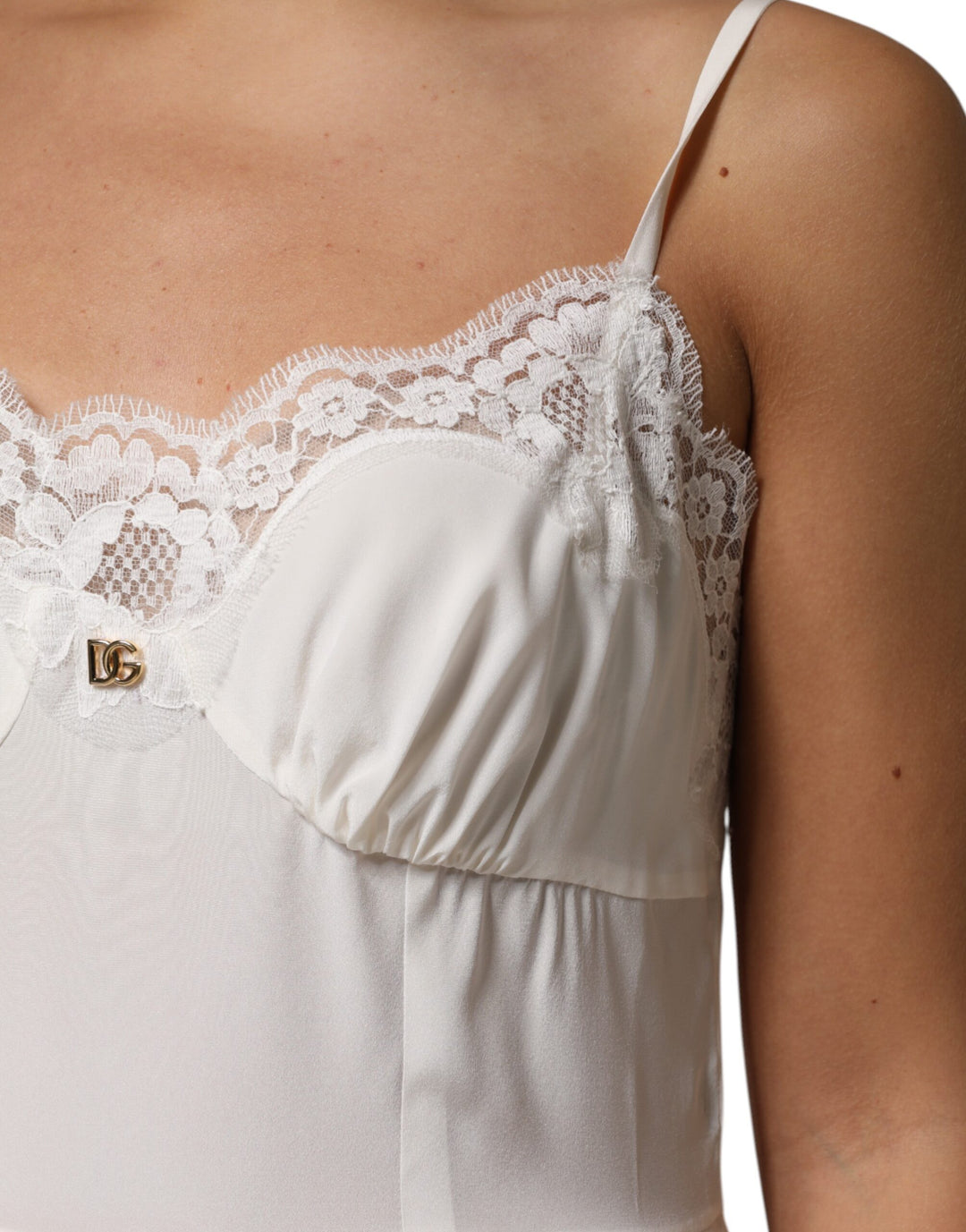 Dolce & Gabbana White Lace Gold DG Logo Silk Dress Sleepwear IT48 | XL Dolce & Gabbana White Lace Gold DG Logo Silk Dress Sleepwear IT48 | XL