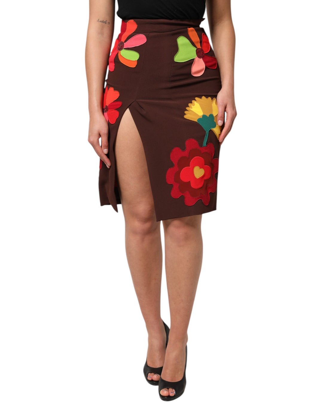 Brown Floral High Waist Side Slit Skirt