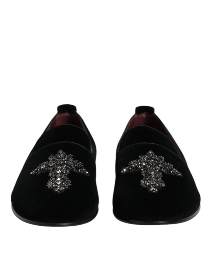 Black Velvet Embellished Loafer Slip On Shoes