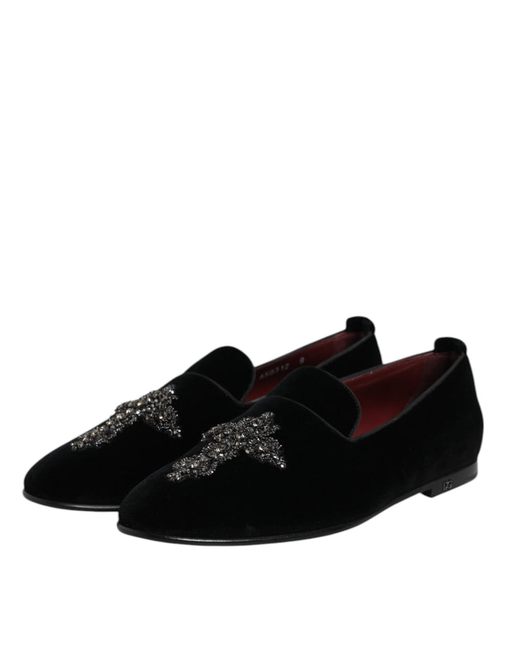 Black Velvet Embellished Loafer Slip On Shoes